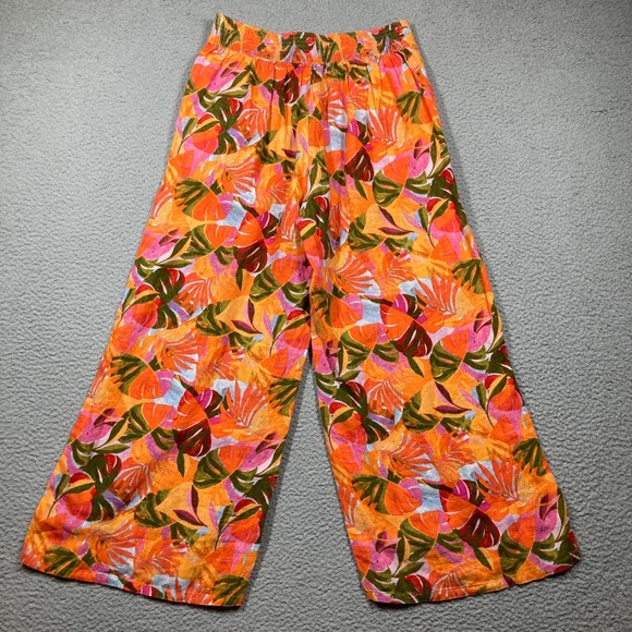 C&C California Linen Pants Womens Small Orange Tropical Floral Wide‎ Leg Cropped - Picture 10 of 11